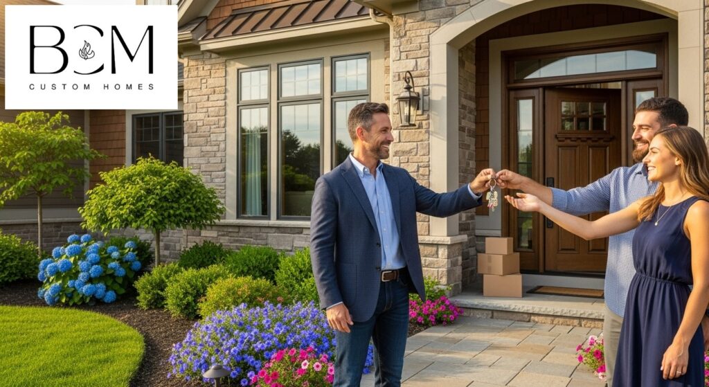 Happy custom home builder handing keys to excited new homeowners