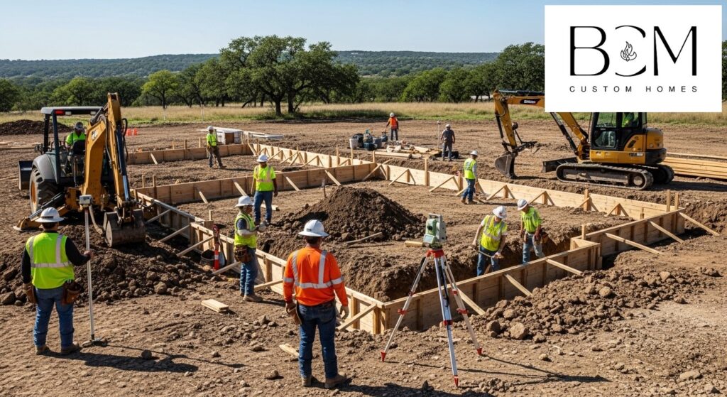 Professional construction workers preparing a home foundation site