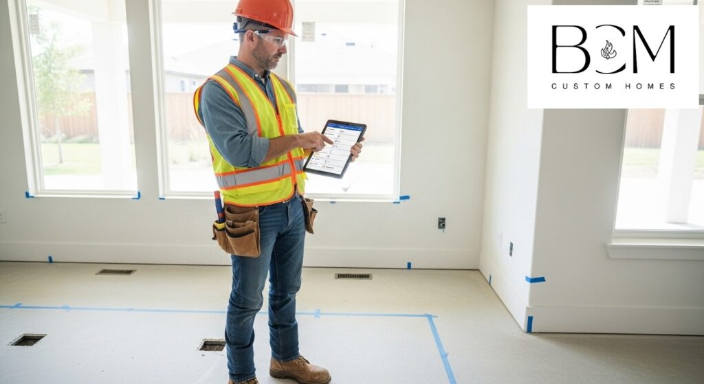Custom home builder conducting comprehensive final quality inspection