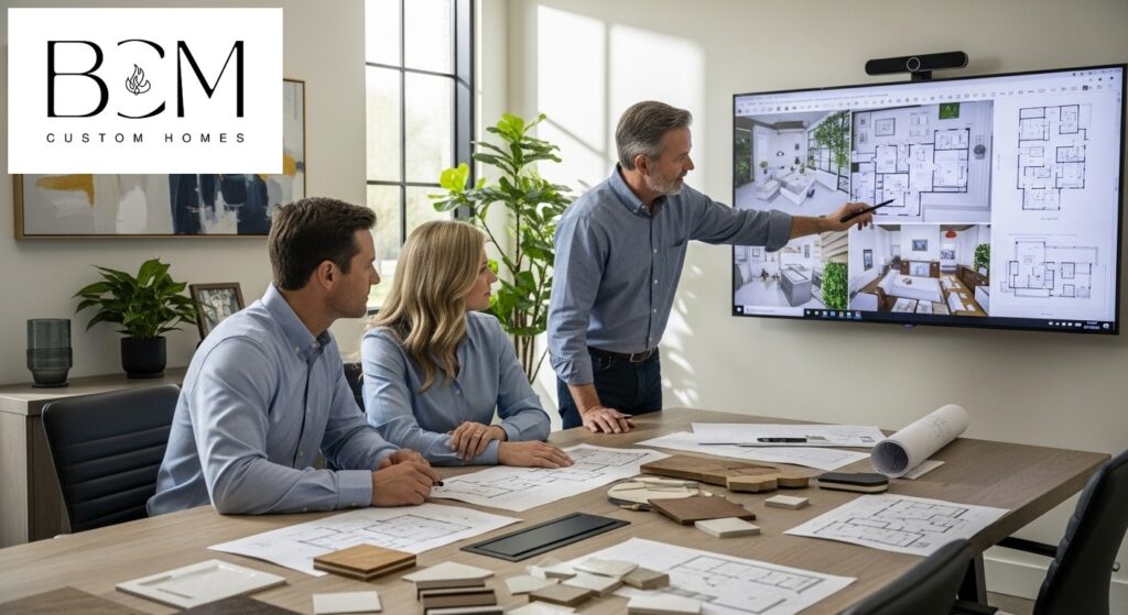 Custom home builder and homeowners reviewing detailed floor plans and 3D renderings on a large monitor, with multiple design iterations spread on the table, natural lighting in a professional design office