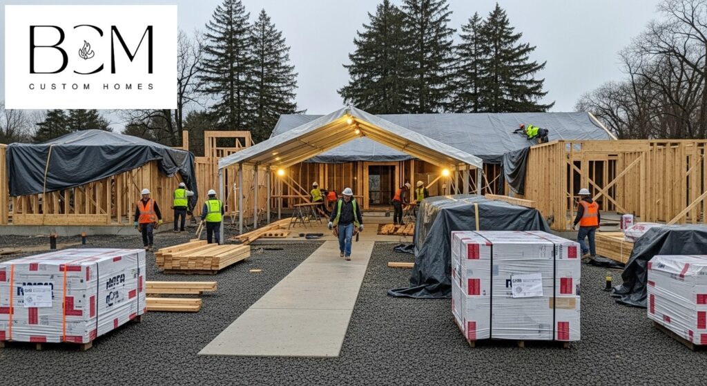 Well-organized custom home construction site with proper weather protection