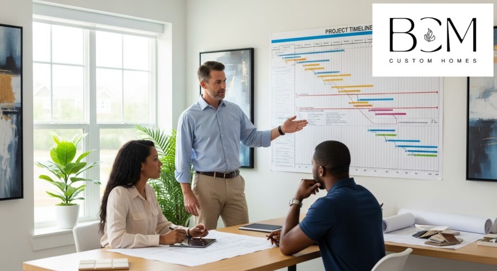 Professional project timeline chart on a wall with a custom home builder