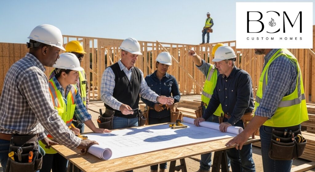 Professional custom home builder meeting with skilled craftsmen