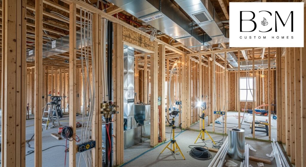 Interior view of custom home showing exposed electrical wiring