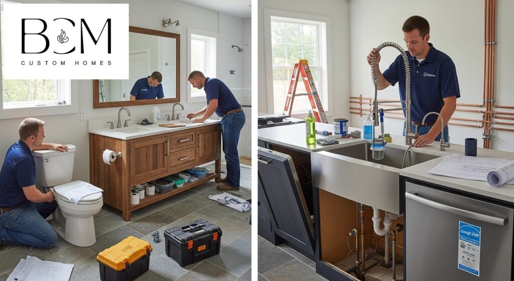 High-efficiency plumbing fixtures and water conservation features being installed in a custom home bathroom